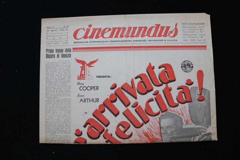 1936 AUG 29 CINEMUNDUS MAGAZINE - GARY COOPER-JEAN ARTHUR COVER - E 25315