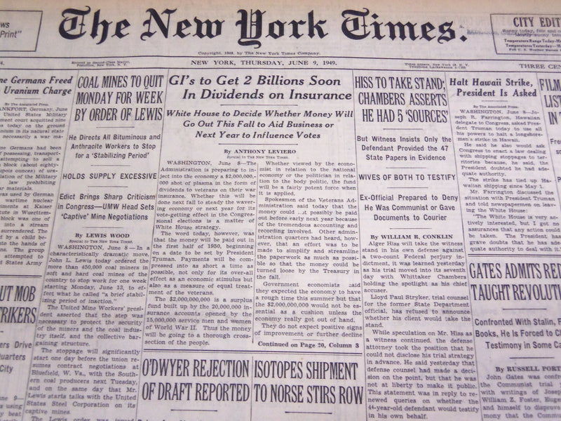 1949 JUNE 9 NEW YORK TIMES - HISS TO TAKE STAND FILM COMMUNISTS IN FBI - NT 1500