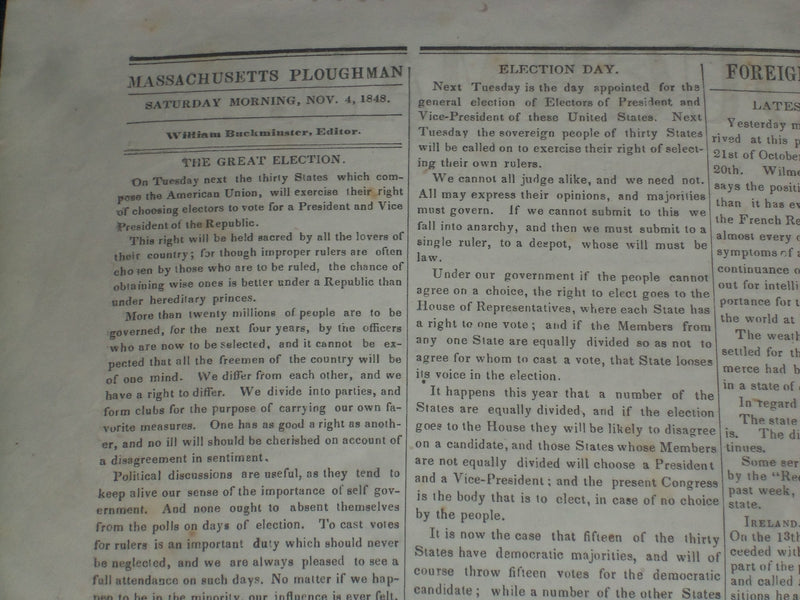 1848 DECEMBER 4 MASSACHUSETTS PLOUGHMAN NEWSPAPER - ELECTION - NP 5157