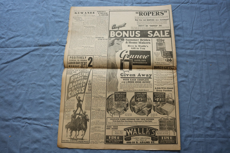 1935 AUGUST 16 PEORIA EVENING STAR NEWSPAPER - POST AND ROGERS KILLED - NP 9224