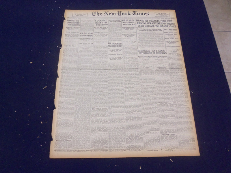 1920 JULY 23 NEW YORK TIMES - W.K. VANDERBILT DIES AT 71 - NT 9340