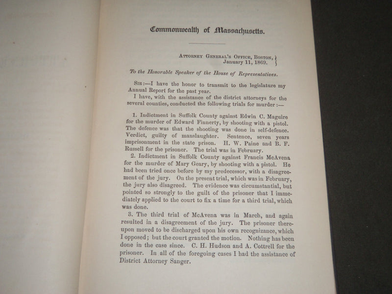 1868 ANNUAL REPORT OF THE ATTORNEY GENERAL VOLUME PUB. IN 1869 - KD 4489