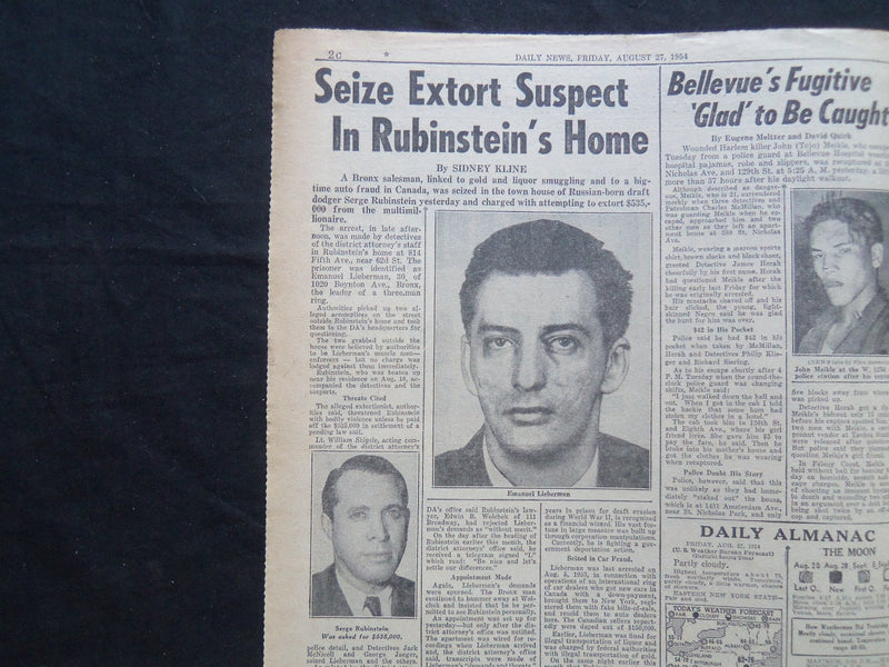 1954 AUGUST 27 NY DAILY NEWS NEWSPAPER - 535G EXTORT PLOT JAILS 3 - NP 2496