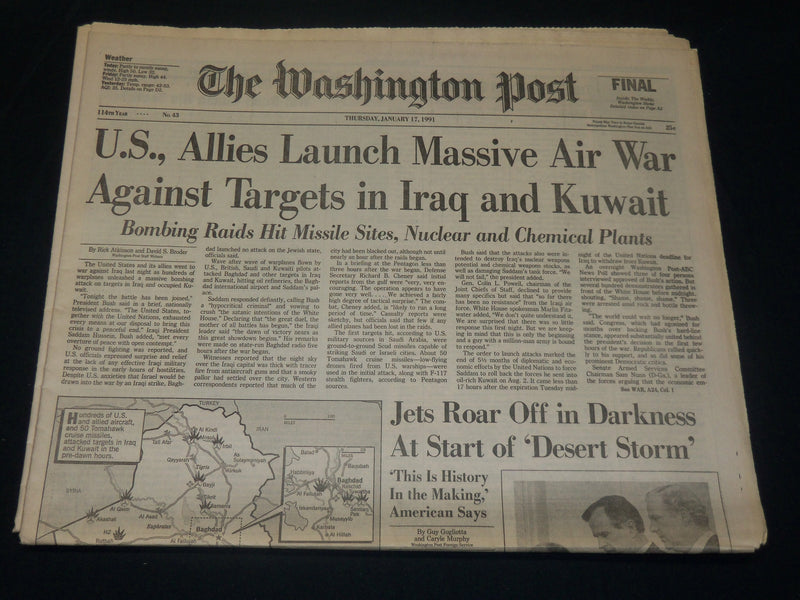 1991 JAN 17 WASHINGTON POST NEWSPAPER - U. S. LAUNCHES MASSIVE AIR WAR- NP 4916