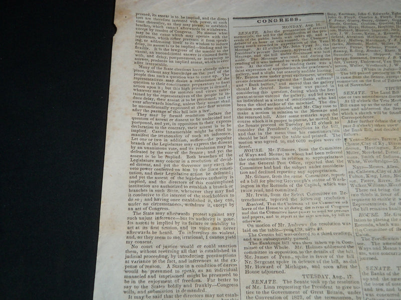 1841 AUGUST 25 THE MASSACHUSETTS SPY NEWSPAPER - TYLER VETOES BANK BILL- NP 4175