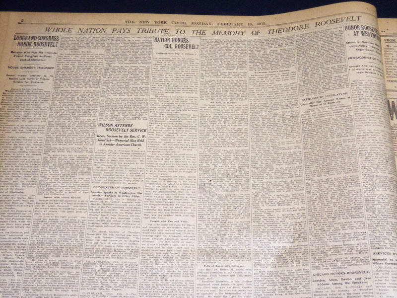 1919 FEBRUARY 10 NEW YORK TIMES - NATION HONORS LIFE WORK OF ROOSEVELT - NT 7963