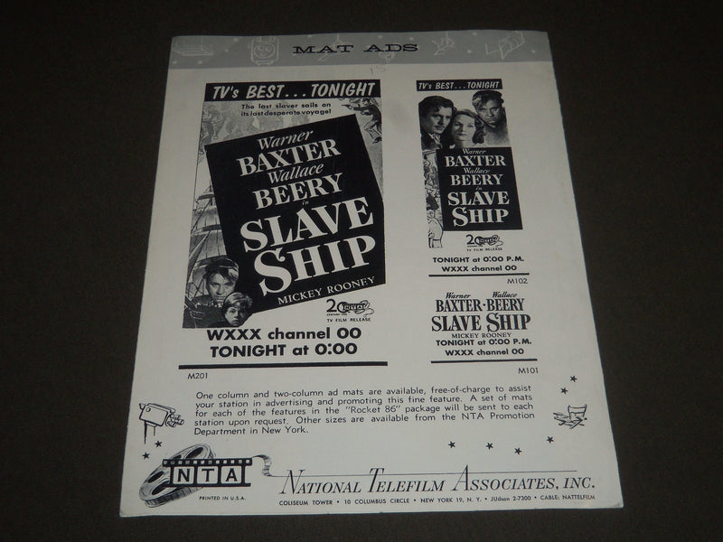 1937 SLAVE SHIP MOVIE PROMOTIONAL PIECE - MICKEY ROONEY - WALLACE BEERY - J 2453
