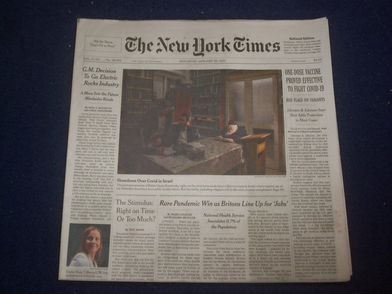2021 JANUARY 30 NEW YORK TIMES - J&J ONE-DOSE VACCINE PROVED EFFECTIVE VS. VIRUS