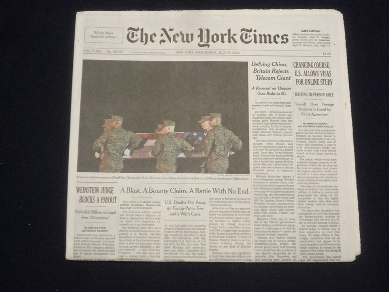 2020 JULY 15 NEW YORK TIMES- CHANGING COURSE, U.S. ALLOWS VISAS FOR ONLINE STUDY
