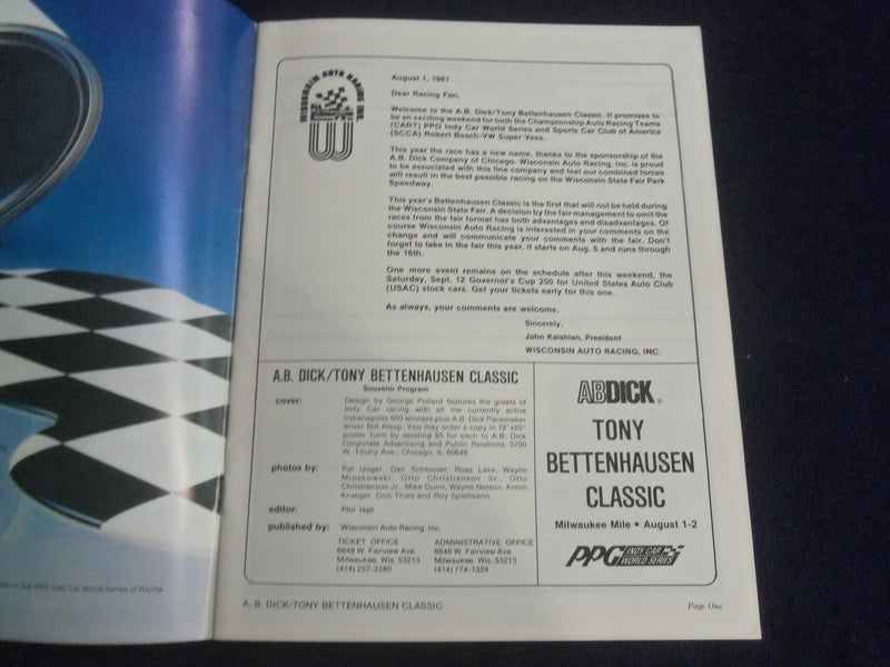 1981 AUGUST 2 ABDICK TONY BETTENHAUSEN CLASSIC RACING PROGRAM - SP 3898L