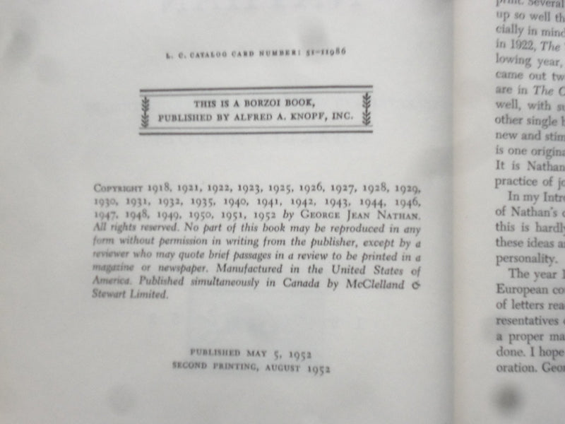1952 THE WORLD OF GEORGE JEAN NATHAN HARDCOVER BOOK BY CHARLES ANGOFF - KD 8397