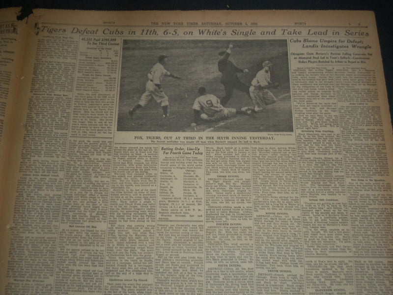 1935 OCTOBER 5 NEW YORK TIMES - TIGER BEAT CUBS 6-5 IN 11TH INNING - NT 7345