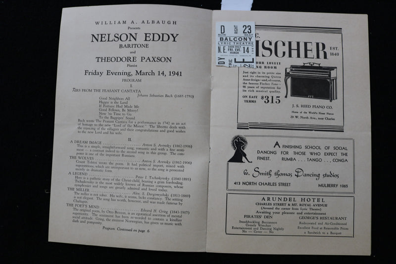 1941 MARCH 14 NELSON EDDY CONCERT PROGRAM & STUB - LYRIC THEATRE - K 2803