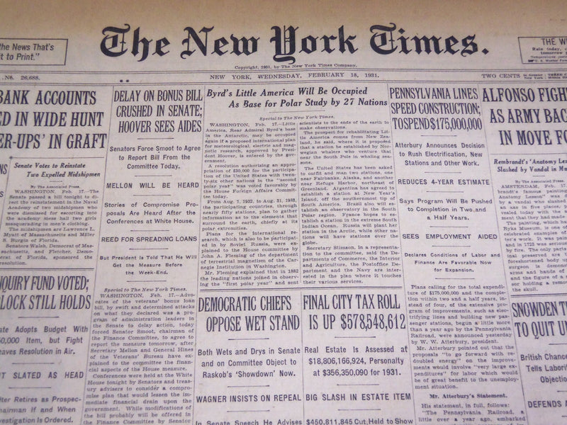 1931 FEBRUARY 18 NEW YORK TIMES - BYRD'S LITTLE AMERICA OCCUPIED - NT 3956