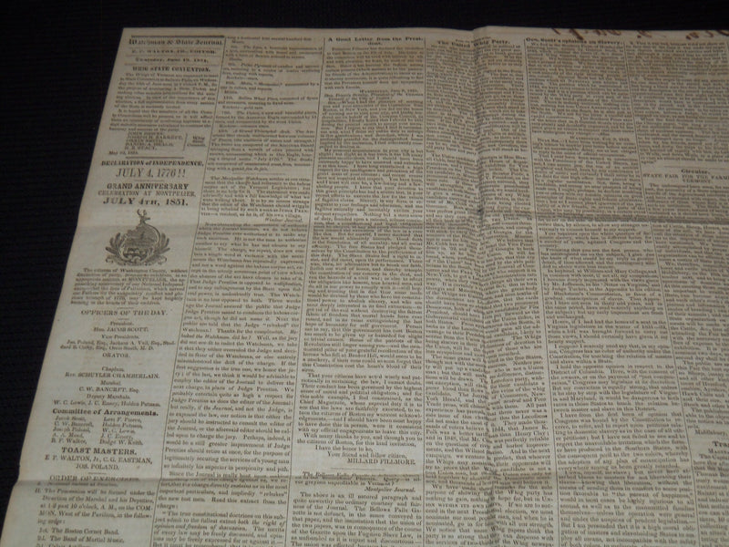 1851 JUNE 19 VERMONT WATCHMAN NEWSPAPER - MILLARD FILLMORE - NP 2152J