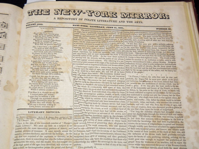 1830-1831 NEW YORK MIRROR AND LADIES GAZETTE BOUND VOLUME NO. 8 - KD 4675I