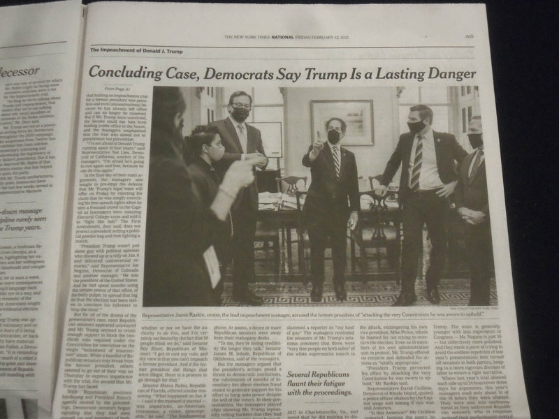 2021 FEBRUARY 12 NEW YORK TIMES-DEMOCRATS PAINT TRUMP AS DANGER IN YEARS TO COME