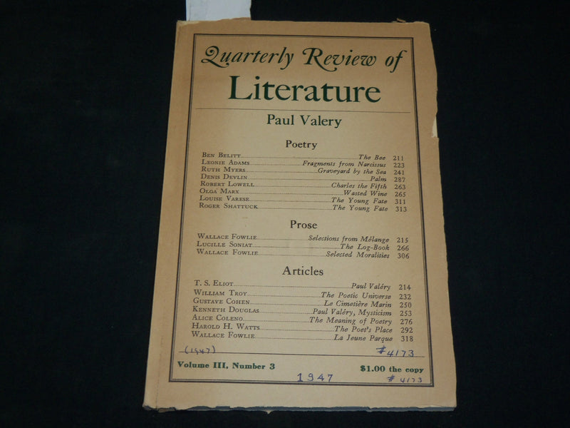 1947 QUARTERLY REVIEW OF LITERATURE MAGAZINE - PAUL VALERY - POETRY - J 6103