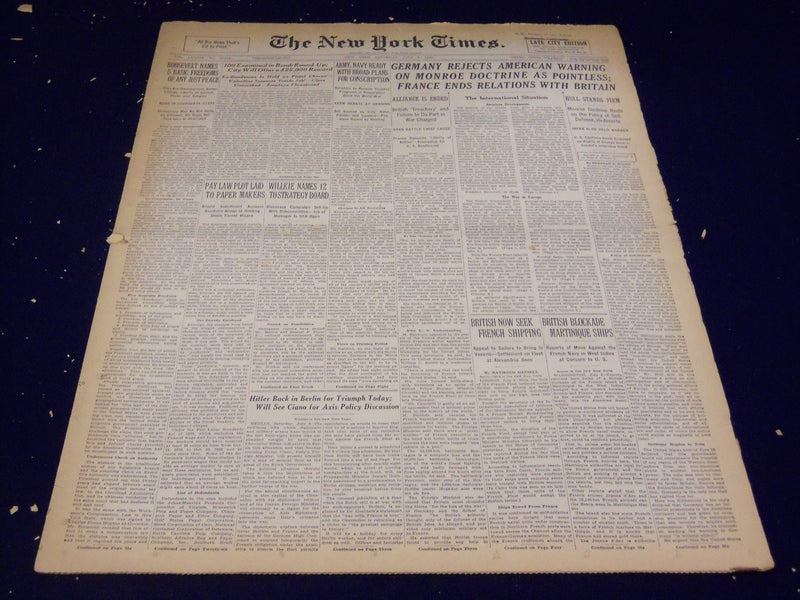 1940 JULY 6 NEW YORK TIMES - GERMANY REJECTS AMERICAN WARNING - NT 2546