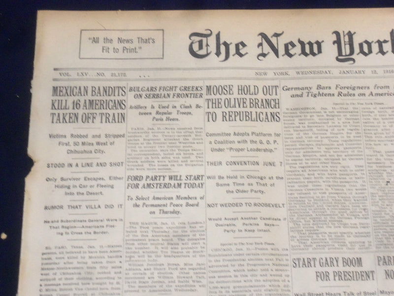 1916 JAN 12 NEW YORK TIMES- MEXICAN BANDITS KILL 16 AMERICANS OFF TRAIN- NT 9057