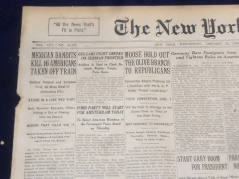 1916 JAN 12 NEW YORK TIMES- MEXICAN BANDITS KILL 16 AMERICANS OFF TRAIN- NT 9057