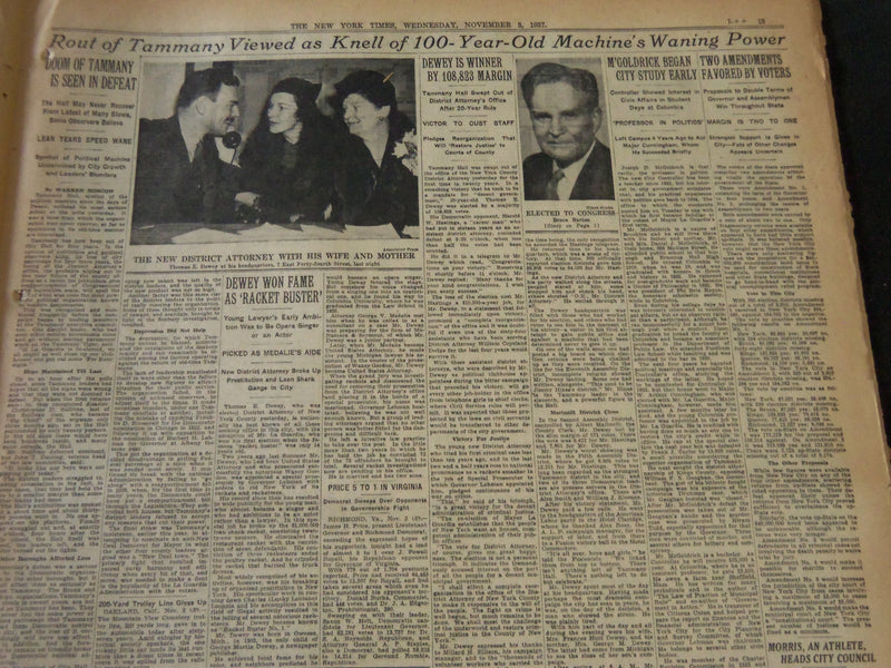 1937 NOVEMBER 3 NEW YORK TIMES - LAGUARDIA RE-ELECTED DEWEY WINS - NT 5547