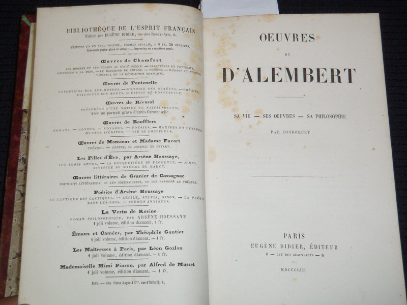 1853 OEUVRES DE D'ALEMBERT HARDCOVER BOOK BY CONDORCET - KD 7706