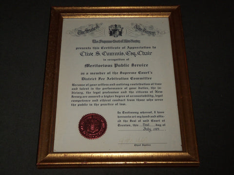 1987 NJ CHIEF JUSTICE ROBERT WILENTZ SIGNED CERTIFICATE FRAMED PHOTO 10 1/2 X 14