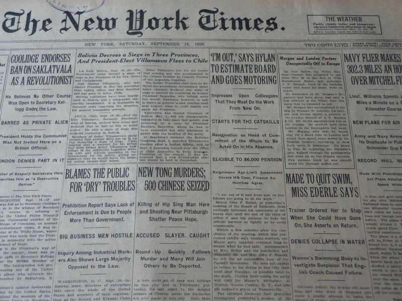 1925 SEPTEMBER 19 NEW YORK TIMES - MADE TO QUIT SWIM MISS EDERLE SAYS - NT 7201