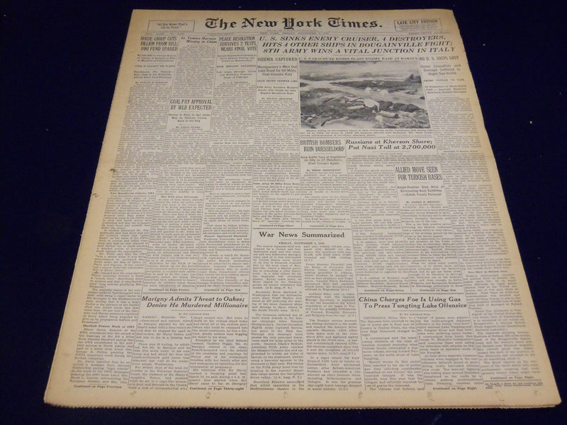 1943 NOV 5 NEW YORK TIMES - U. S. SINKS ENEMY CRUISER 4 DESTROYERS - NT 964