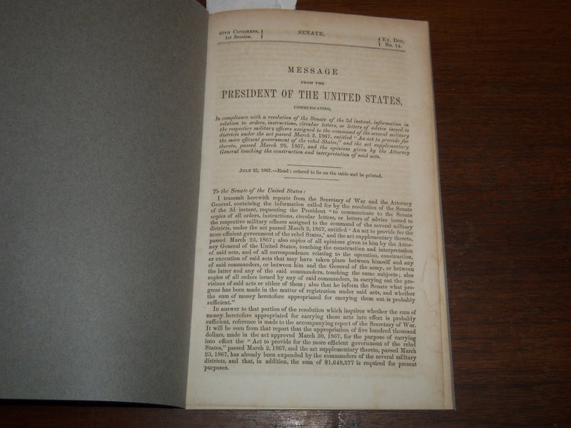 1867 JULY 15 PRESIDENT ANDREW JOHNSON MESSAGE BOOKLET - K 1163