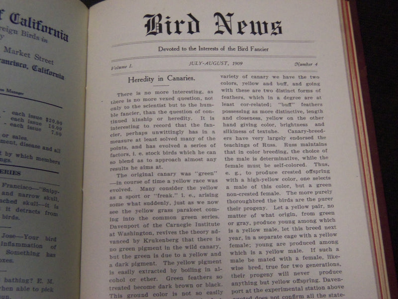 1909 BIRD NEWS BOUND VOLUME NO. 1 - AGRICULTURAL SOCIETY OF CALIFORNIA - KD 5777