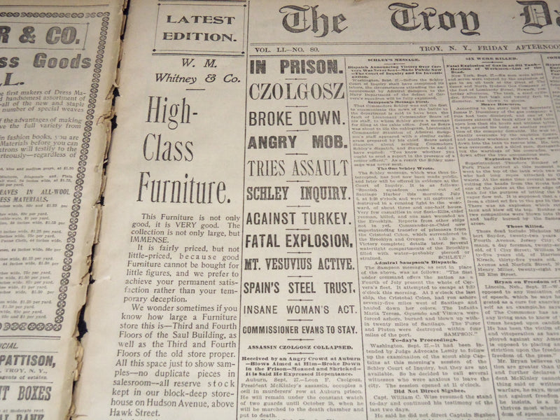 1901 SEPT THE TROY DAILY TIMES NEWSPAPER LOT OF 4 - CZOLGOSZ TRIAL - NP 1426C