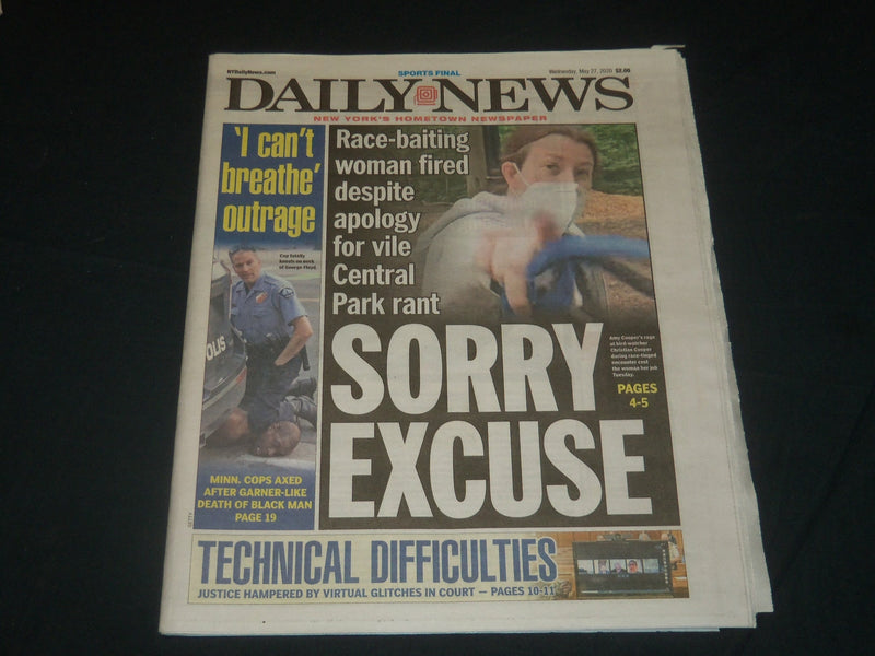 2020 MAY 27 NEW YORK DAILY NEWS - SORRY EXCUSE - I CAN'T BREATHE' OUTRAGE