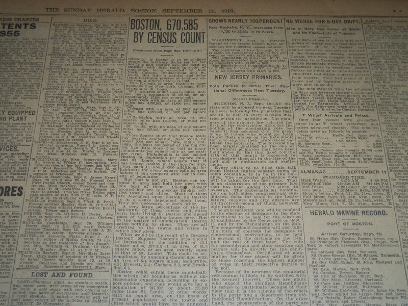 1910 SEPTEMBER 11 THE BOSTON HERALD -BOSTON HAS 670,585 BY CENSUS COUNT - BH 150