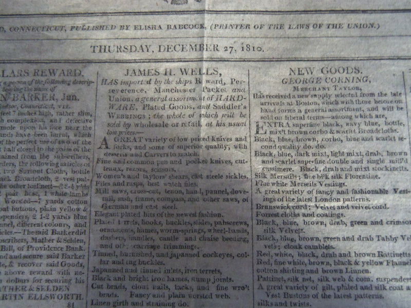 1810 DEC 27 AMERICAN MERCURY NEWSPAPER - HARTFORD FIRE INS. CO. FOUNDED- NP 3983
