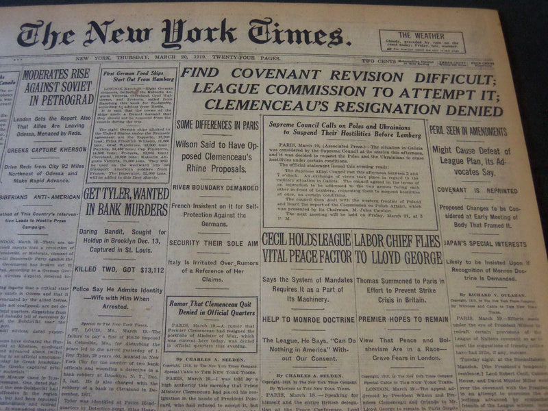 1919 MARCH 20 NEW YORK TIMES - CLEMENCEAU'S RESIGNATION DENIED - NT 6204