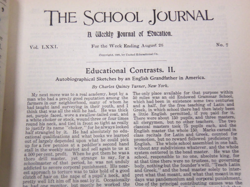 1905-1906 THE SCHOOL JOURNAL MAGAZINE BOUND VOLUME 70 & 71 LOT OF 2 - KD 3227