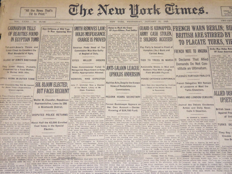 1923 JANUARY 31 NEW YORK TIMES- CARNARVON TELLS OF BEAUTIES FOUND TOMB - NT 7896