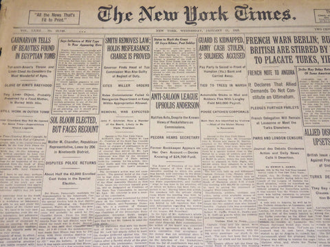 1923 JANUARY 31 NEW YORK TIMES- CARNARVON TELLS OF BEAUTIES FOUND TOMB - NT 7896