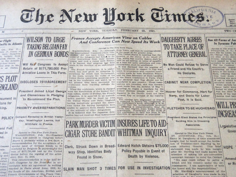 1921 FEBRUARY 22 NEW YORK TIMES - DAUGHERTY TO BE ATTORNEY GENERAL - NT 6129