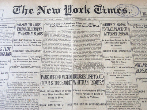 1921 FEBRUARY 22 NEW YORK TIMES - DAUGHERTY TO BE ATTORNEY GENERAL - NT 6129