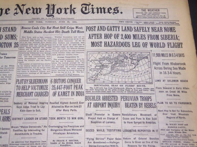 1931 JUNE 30 NEW YORK TIMES - POSTCARD GATLY LAND SAFELY NEAR NOME - NT 5007