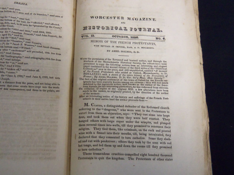 1826 MAY-OCT THE WORCESTER MAGAZINE & HISTORICAL JOURNAL VOLUME 2 - KD 5523G