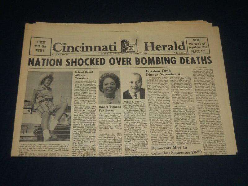 1963 SEPT 20 CINCINNATI HERALD NEWSPAPER - NATION SHOCKED OVER BOMBING - NP 4397