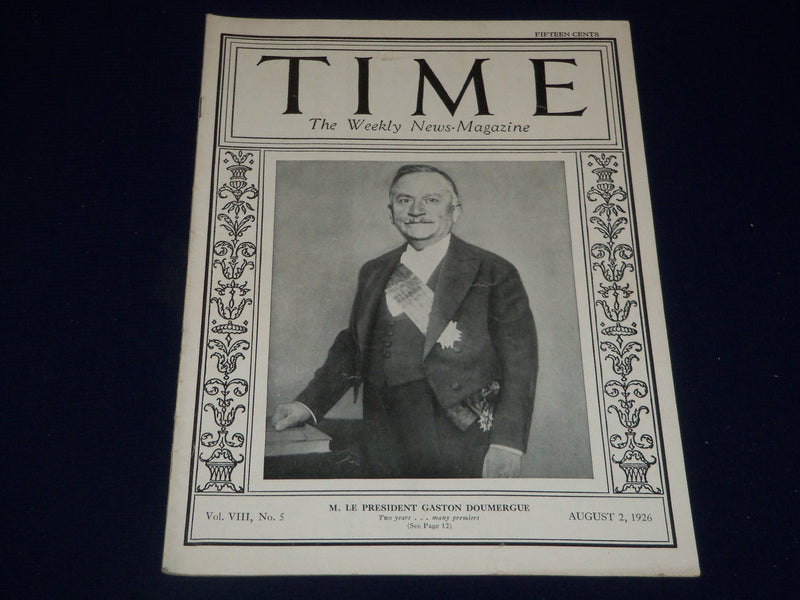 1926 AUGUST 2 TIME MAGAZINE - PIERRE-PAUL-HENRI-GASTON DOUMERGUE COVER - T 22