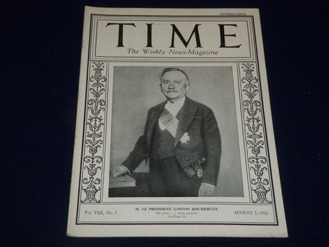 1926 AUGUST 2 TIME MAGAZINE - PIERRE-PAUL-HENRI-GASTON DOUMERGUE COVER - T 22