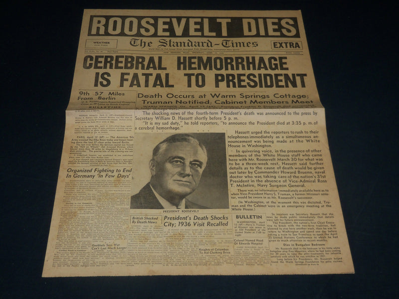 1945 APRIL 12 CEREBRAL HEMORRHAGE FATAL TO PRESIDENT - EXTRA NEWSPAPER - NP 4883