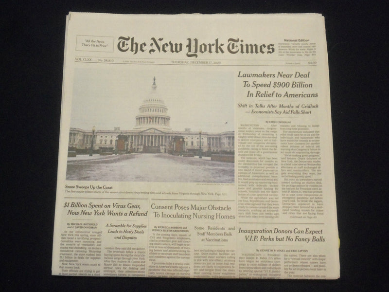 2020 DECEMBER 17 NEW YORK TIMES - LAWMAKERS NEAR DEAL TO SPEED $900 BILLION