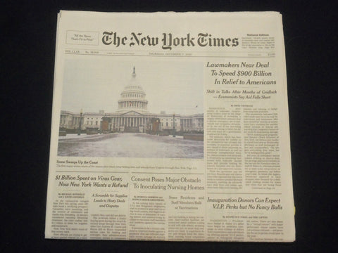 2020 DECEMBER 17 NEW YORK TIMES - LAWMAKERS NEAR DEAL TO SPEED $900 BILLION